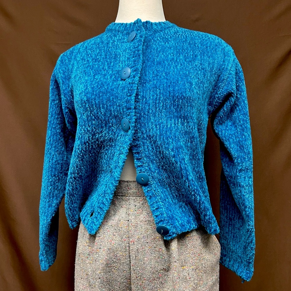 Blue chenille crewneck cardigan